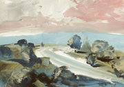 Abstract landscape painting of a winding road through fields with pastel pink sky