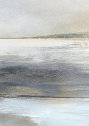 Abstract artwork with horizontal bands of grey, cream and charcoal tones and subtle gold texture