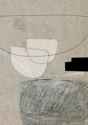 Abstract artwork with cream bowl shapes, a pencil line arc and scribbled marks on textured paper