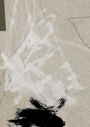 Abstract artwork with white brushstrokes, black ink splash and fine line sketch on beige background