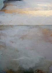 Abstract artwork with a horizon band, muted grey tones and metallic gold streaks