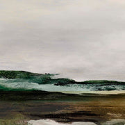 Abstract landscape painting with dune forms in green and earth tones under a pale sky
