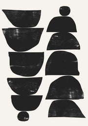 Stacked black abstract bowl and arch shapes on an off-white background