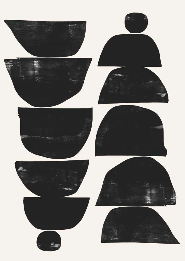 Stacked black abstract bowl and arch shapes on an off-white background