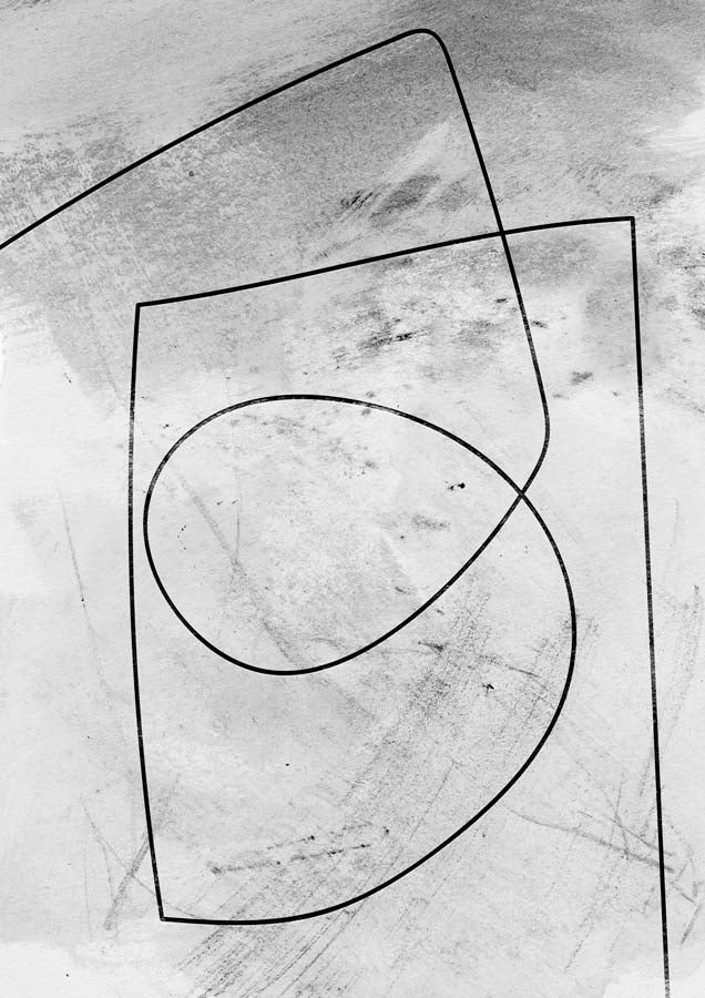Abstract black line drawing forming loops over a textured grey and white background