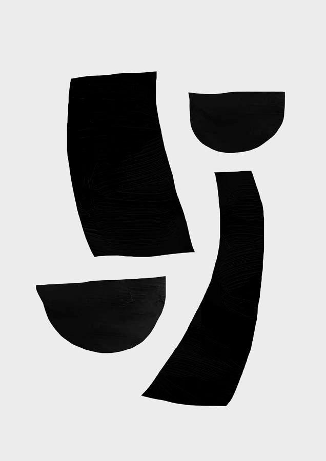 Four black organic abstract shapes with brushed texture on a pale background