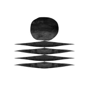 Black rounded shape above four stacked pointed lens shapes on white background