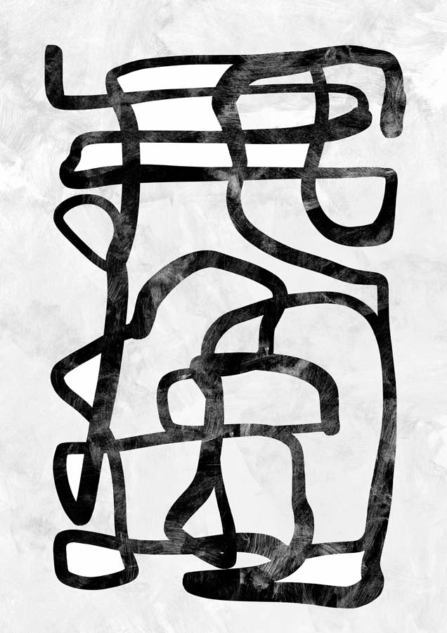 Black looping abstract line pattern with brushstroke texture on a pale textured background