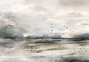 Abstract landscape painting of a misty waterway with hills, clouds and a flock of birds in muted earth tones