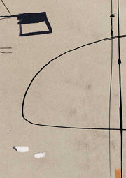 Abstract line drawing with a black loop, dark rectangle and thin crossing lines on beige background