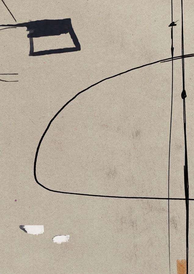 Abstract line drawing with a black loop, dark rectangle and thin crossing lines on beige background