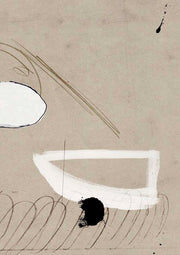 Abstract line drawing with white brushstrokes and a black ink splatter on beige background