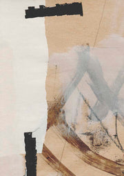 Abstract artwork with torn paper effect, grey brushstrokes and black marks on tan and ivory background