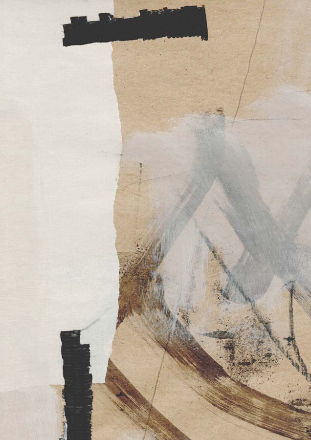 Abstract artwork with torn paper effect, grey brushstrokes and black marks on tan and ivory background