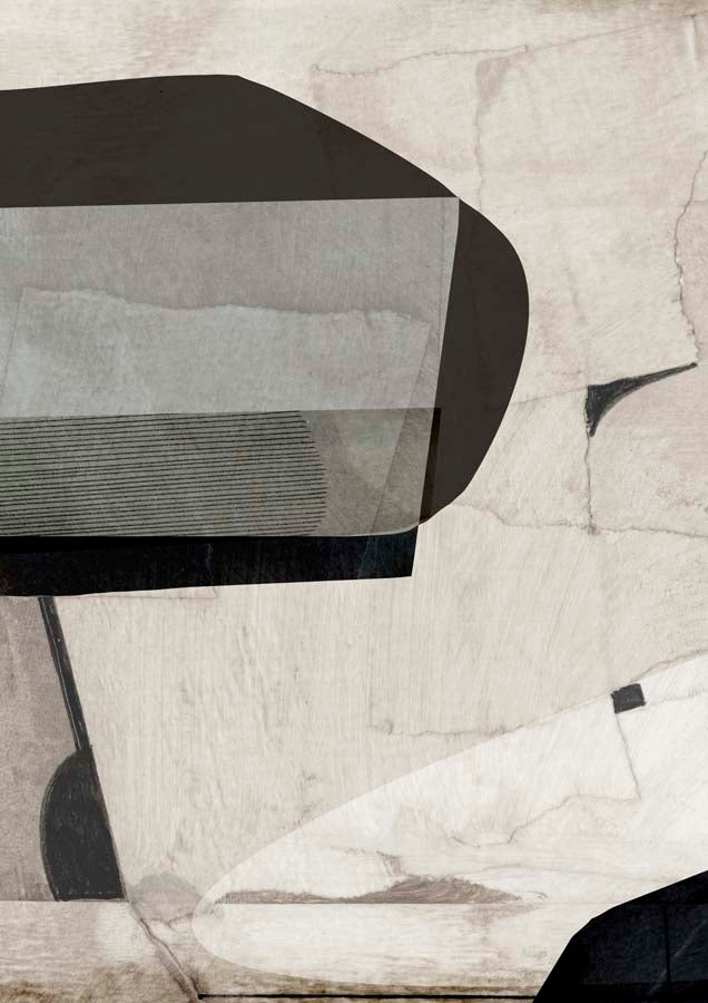 Abstract collage artwork with overlapping geometric shapes in muted beige and charcoal tones