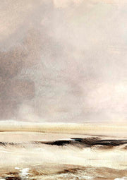 Abstract seascape painting with muted grey sky and textured sandy horizon