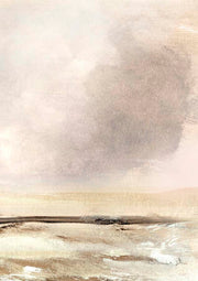 Abstract landscape painting with soft beige and grey tones, a textured cloud above a muted horizon line.
