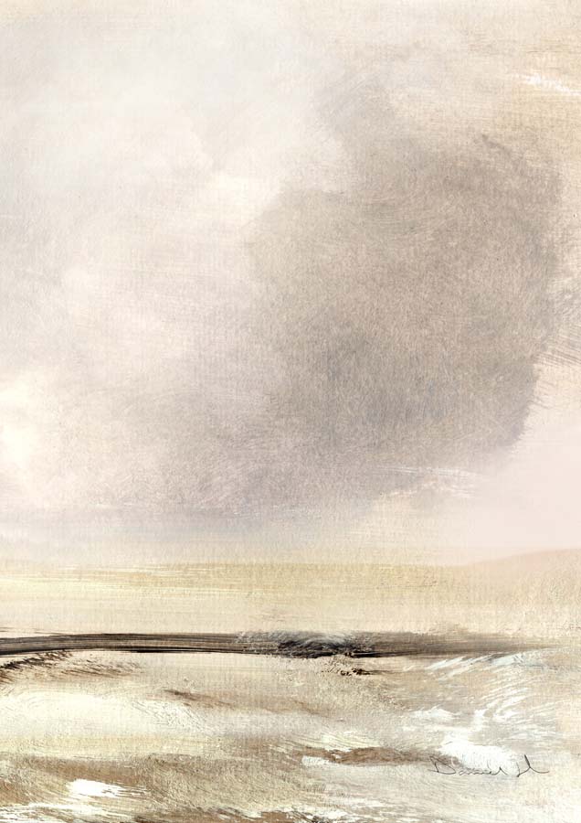Abstract landscape painting with soft beige and grey tones, a textured cloud above a muted horizon line.