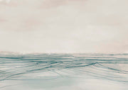 Horizontal line drawing of a seascape in blue ink over a beige watercolor wash