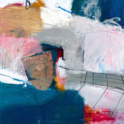 Abstract painting with navy, ochre, pink and white colour blocks and gestural brushstrokes