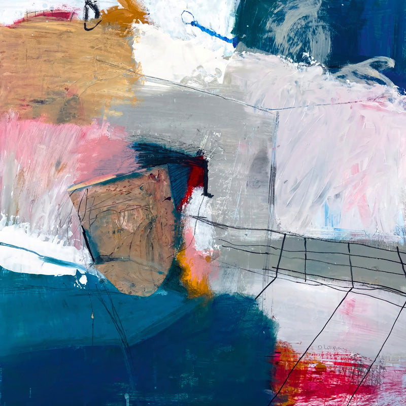 Abstract painting with navy, ochre, pink and white colour blocks and gestural brushstrokes