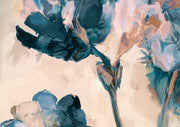 Close-up watercolour painting of peony flowers in teal, navy and blush on cream background