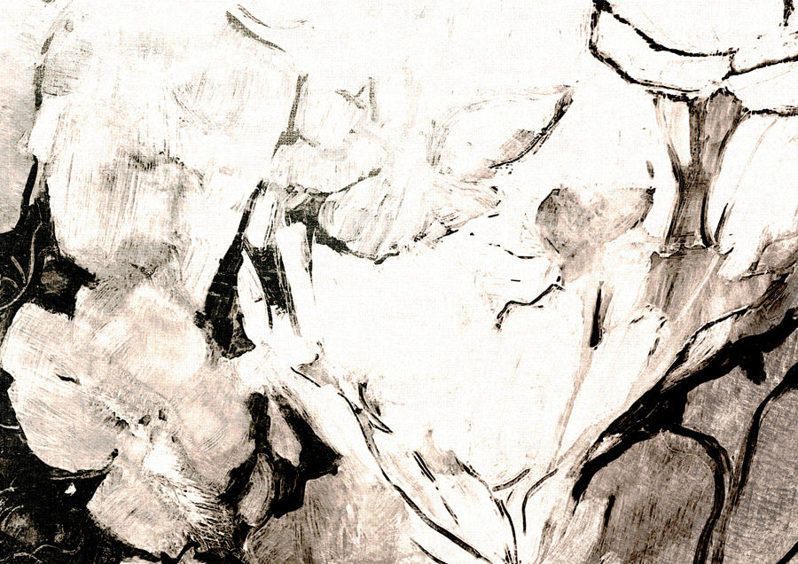 Abstract black and white floral artwork with loose brushwork and ink outlines