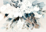 Abstract watercolour botanical artwork with blue, taupe and white layered leaves and flowers