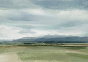 Watercolour-style landscape with blue-grey mountains, cloudy sky, and green fields