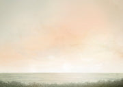 Watercolour landscape of a pale horizon with peach sky, sage sea and dark foreground foliage.
