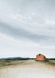 Painting of a rust-coloured brick barn on a pale plain under a soft grey sky