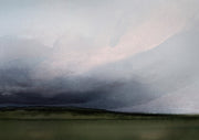 Moody watercolour landscape of storm clouds over grassland with pink light breaking through