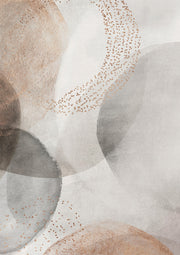Abstract watercolour artwork with overlapping grey, beige and taupe circles and a curving trail of gold dots