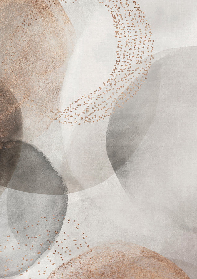 Abstract watercolour artwork with overlapping grey, beige and taupe circles and a curving trail of gold dots