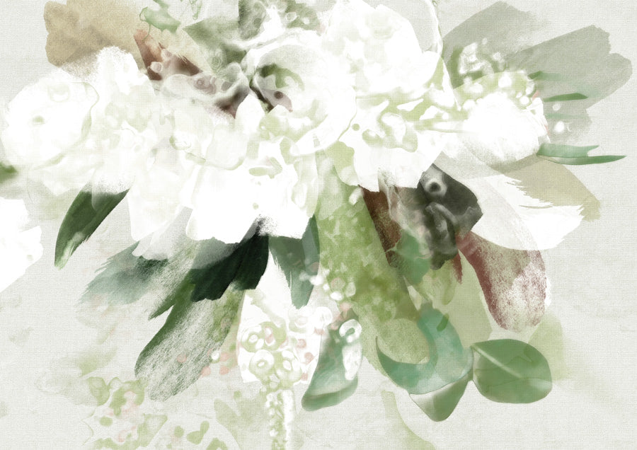 Watercolour floral bouquet in white, sage green and soft coral tones on a muted textured background