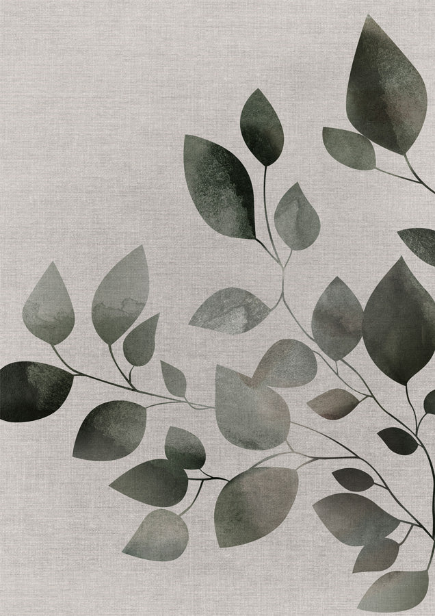 Watercolour eucalyptus vine in sage and grey tones on a linen-textured background
