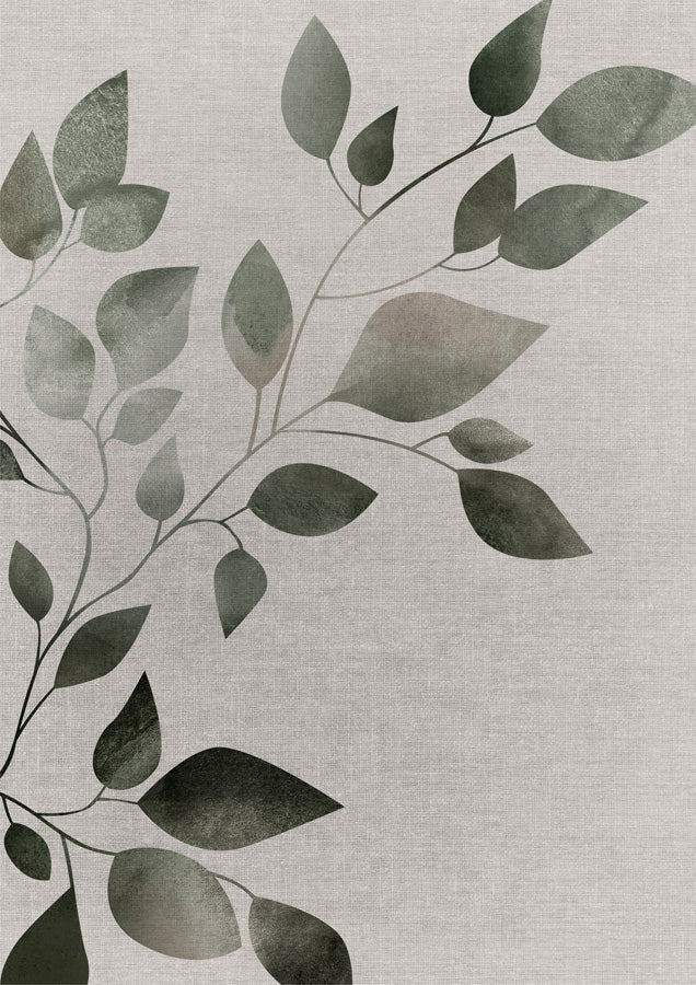 Watercolour vine illustration with sage and olive leaves on a grey linen-textured background