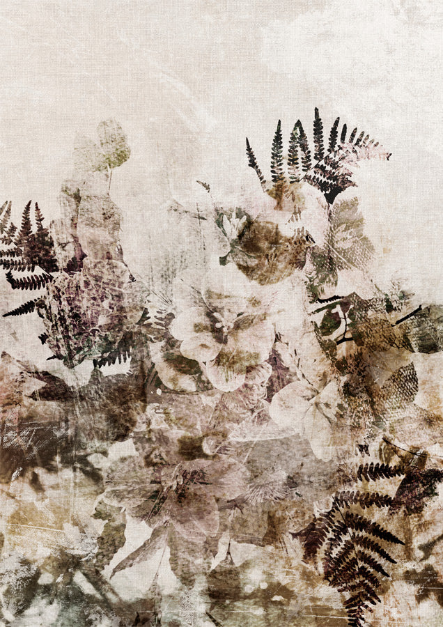 Layered fern fronds and floral shapes in beige, cream and brown on a textured, weathered background.