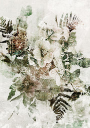 Faded green and cream floral artwork with ferns and distressed texture