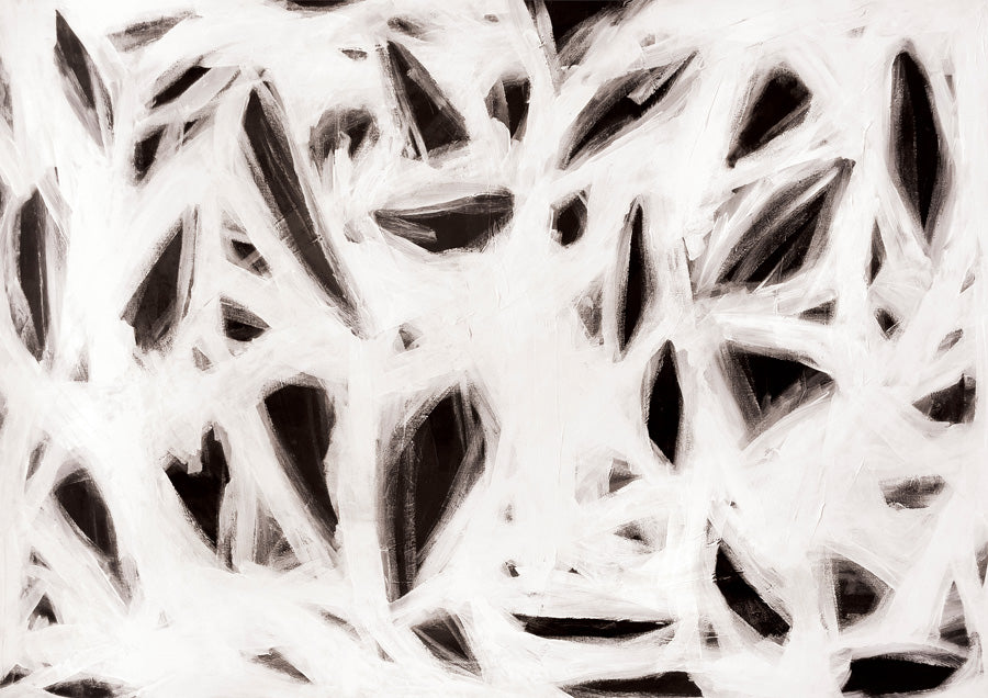 Abstract painting with white brushstrokes over black creating angular shapes