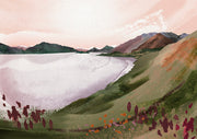 Illustrated landscape of a mountain lake with pink sky, green hills and burgundy foreground flowers