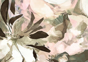 Abstract close-up floral artwork in pink, sage and cream with dark leaf silhouettes