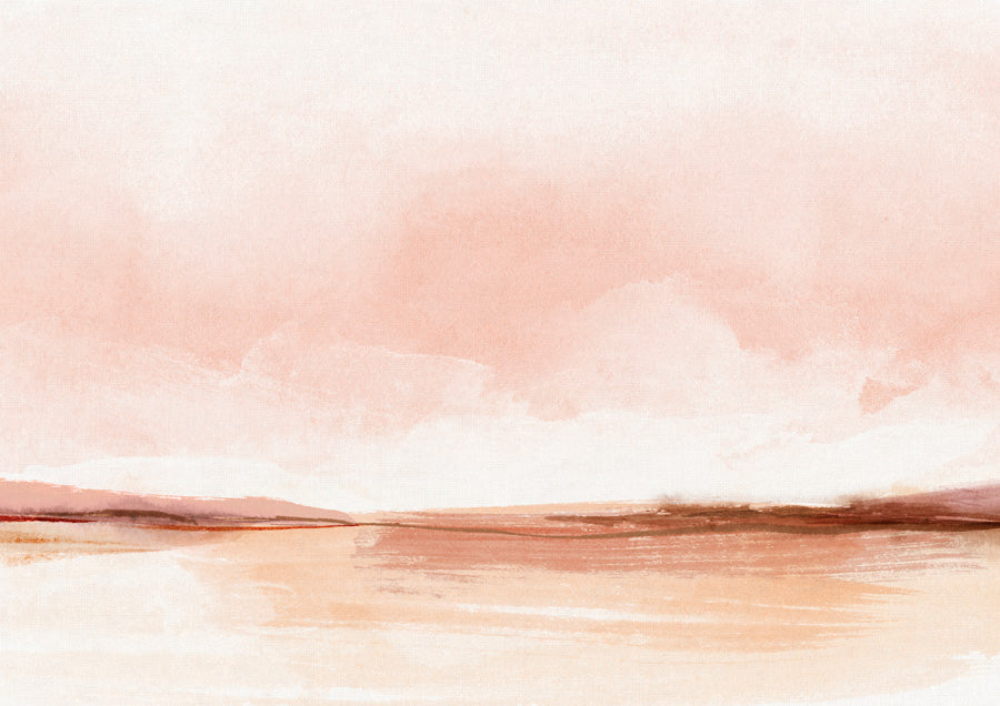 Watercolour landscape with blush pink sky and peach terracotta horizon line