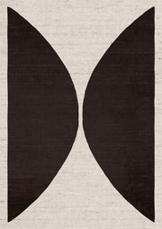 Two dark curved shapes mirrored on a textured cream linen background
