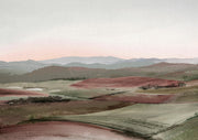 Watercolour landscape of rolling farmland hills in mauve, green and blush tones with distant mountains
