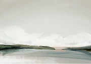Abstract watercolour coastal landscape in muted sage, grey and blue tones