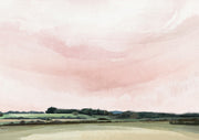 Watercolour landscape with a blush pink sky over green and olive farmland fields and a distant treeline.
