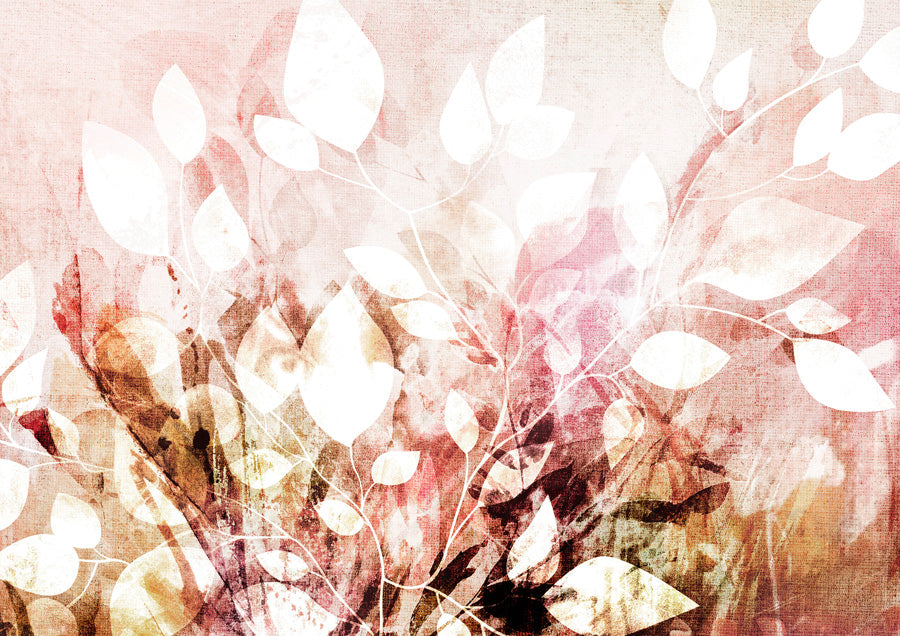 White leaf silhouettes over a pink and rust watercolour wash with linen texture