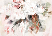 Abstract watercolour floral artwork with blush, sage and charcoal toned leaves and blooms