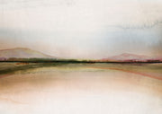 Watercolour landscape with distant hills, horizon line, and blush, cream, sand tones